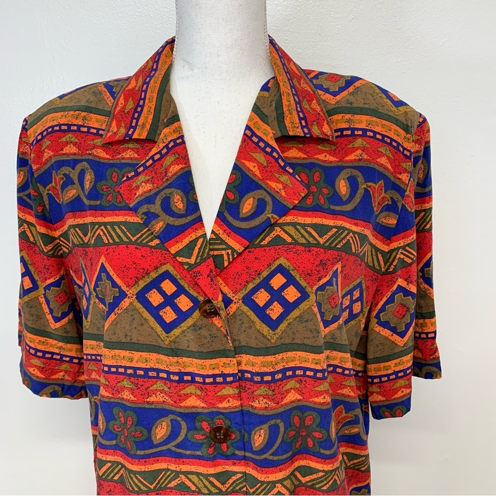 Vintage 90s Silk Dress 10 Button Front Belt Southwest Print Shift Lightweight - Picture 5 of 8